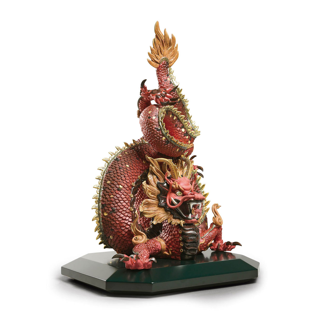 Lladro High Porcelain, Protective Dragon Sculpture. Golden Luster And Red. Limited Edition