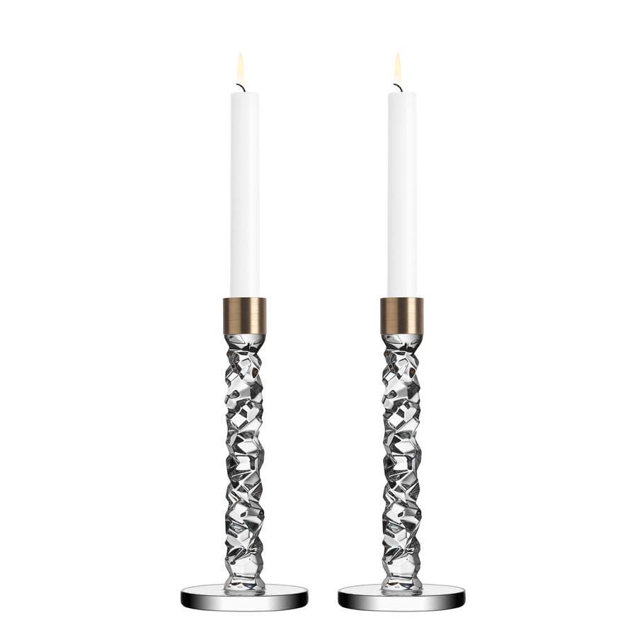 Orrefors Crystal, Carat Brass 9 1/2" Crystal Candlestick, Pair