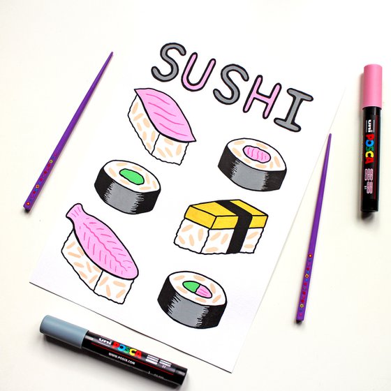 Sushi Illustrated Typographic Poster on Unframed A4 Paper Drawing by ...