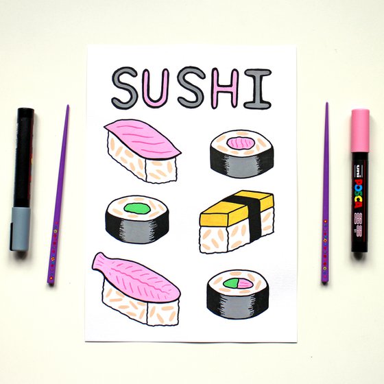 Sushi Illustrated Typographic Poster on Unframed A4 Paper Drawing by ...