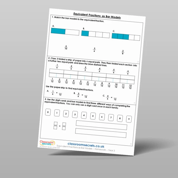 An image of the Equivalent Fractions as Bar Models Homework Resource