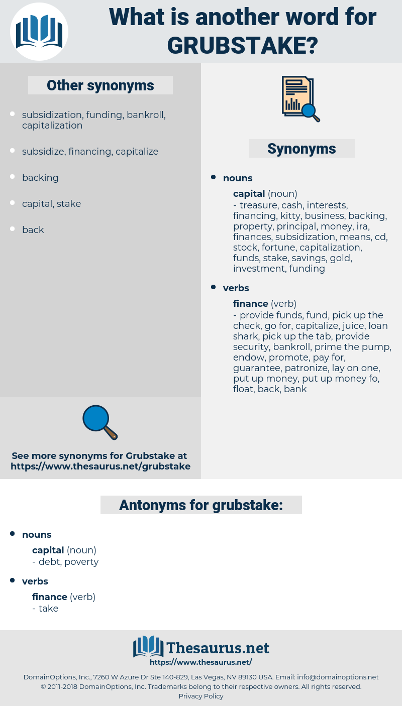 grubstake, synonym grubstake, another word for grubstake, words like grubstake, thesaurus grubstake