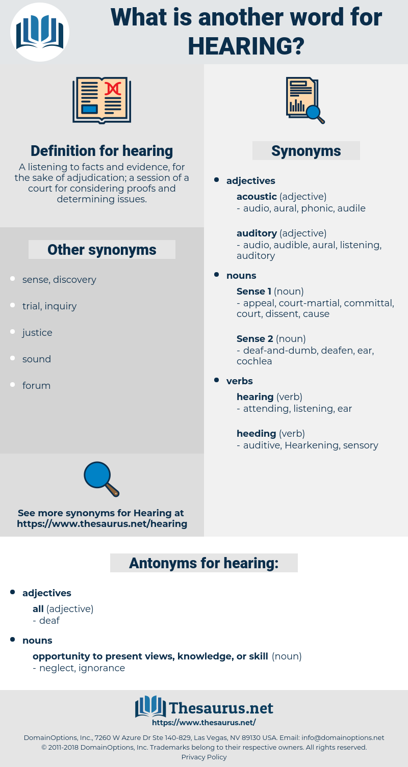 hearing, synonym hearing, another word for hearing, words like hearing, thesaurus hearing