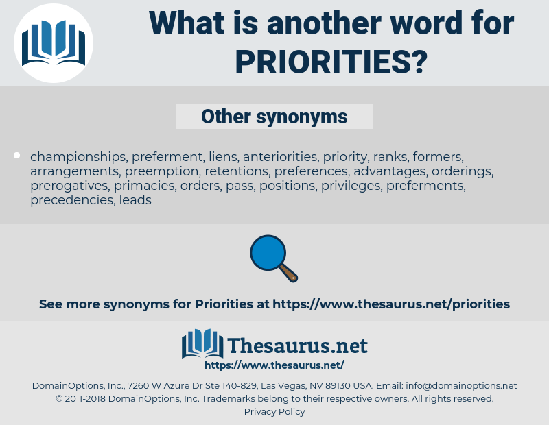 priorities, synonym priorities, another word for priorities, words like priorities, thesaurus priorities