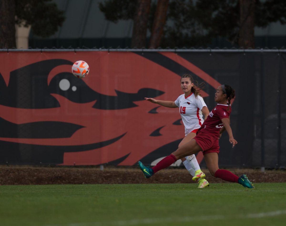 McKenna Martinez (left) and Stanford's Amy Sayer (right) face off in a match at Paul Lorenz Field on October 23rd 2022. Martinez scored a goal Oregon State's 3-2 win over UC Irvine. 