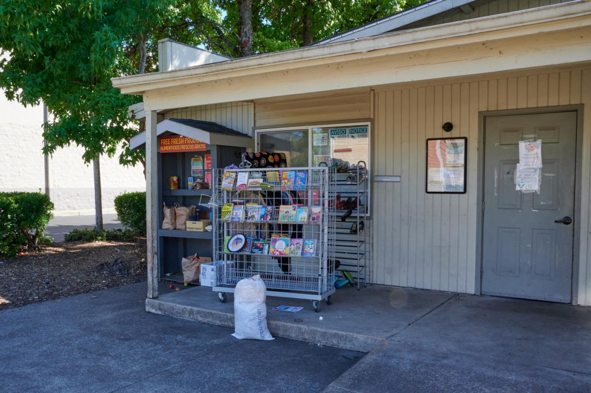 Vina Moses Center’s produce and books on display on September 5. The center helps those in need get through hardship.