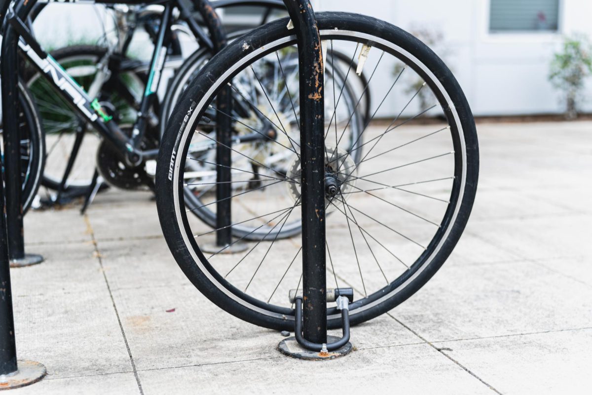 A lone bike wheel locked to a bike rack on the campus of Oregon State University in Corvallis on Aug. 27.