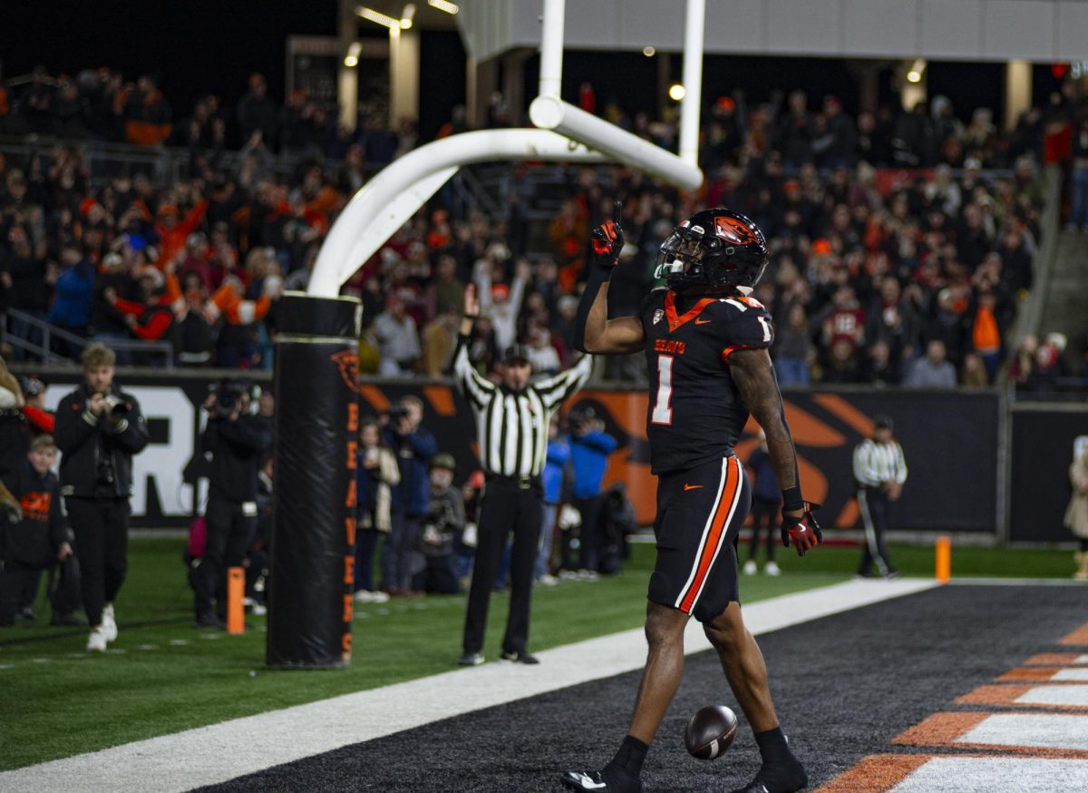 Wide Receiver Darrius Clemons celebrates his second-half touchdown against
Washington State at Reser Stadium on Nov 23. Oregon State’s passing game kept them rolling on offense in the second half in their win against the Cougars