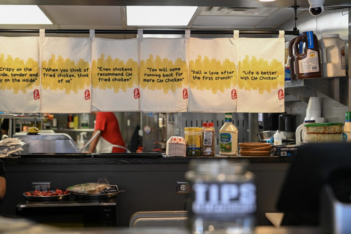 Cloths hanging over a restaurant kitchen counter.