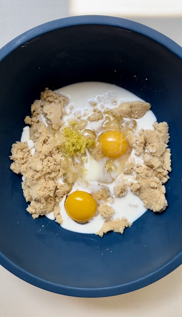 The cake batter comes together in one bowl. Just combine the wet ingredients and mix the dry right into them.