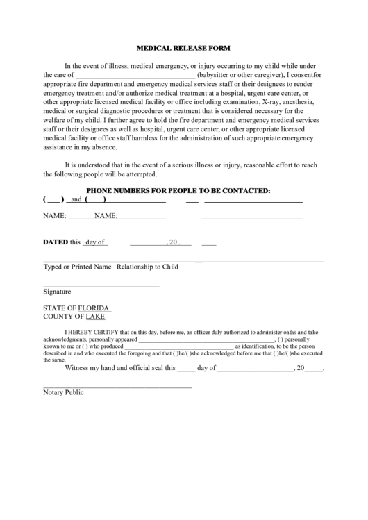 Medical Release Form printable pdf download