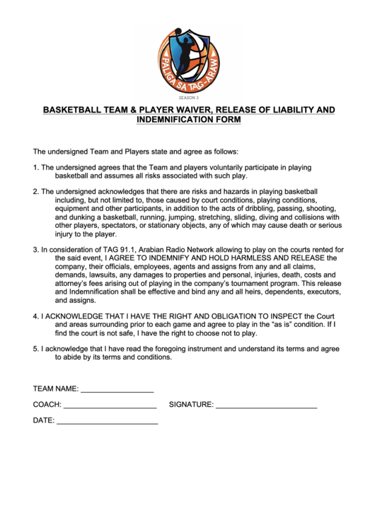 Basketball Waiver Form Template