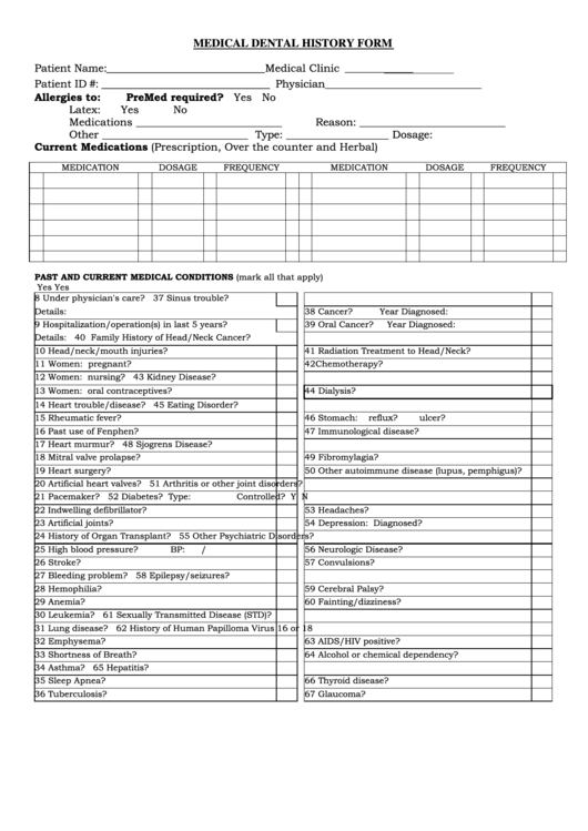 Printable Medical History Form For Dental Office