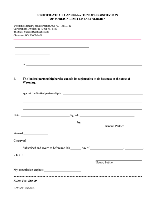 Fillable Certificate Of Cancellation Of Registration Of Foreign ...