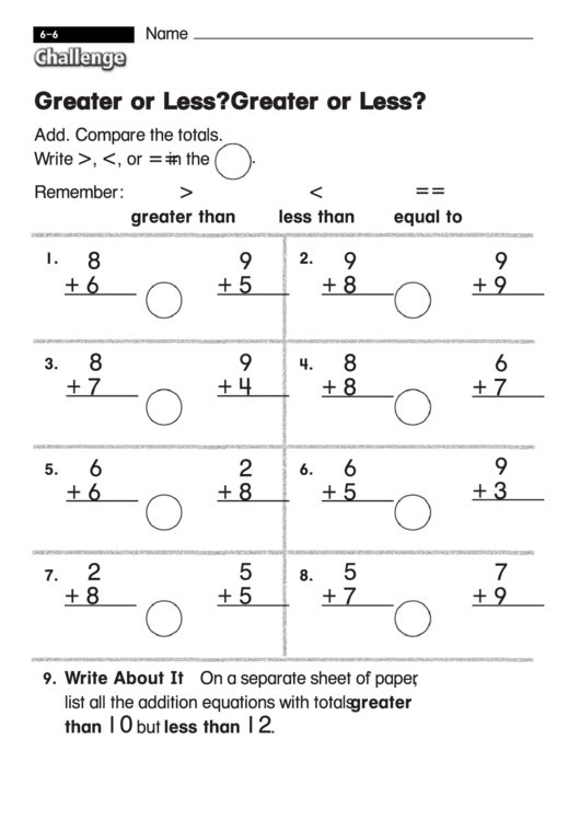 Greater Or Less - Challenge Worksheet With Answer Key printable pdf ...