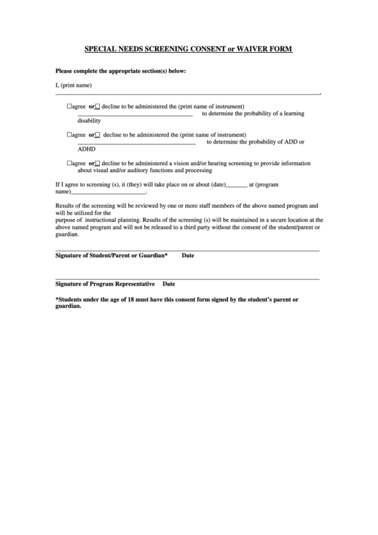 Special Needs Screening Consent Or Waiver Form printable pdf download