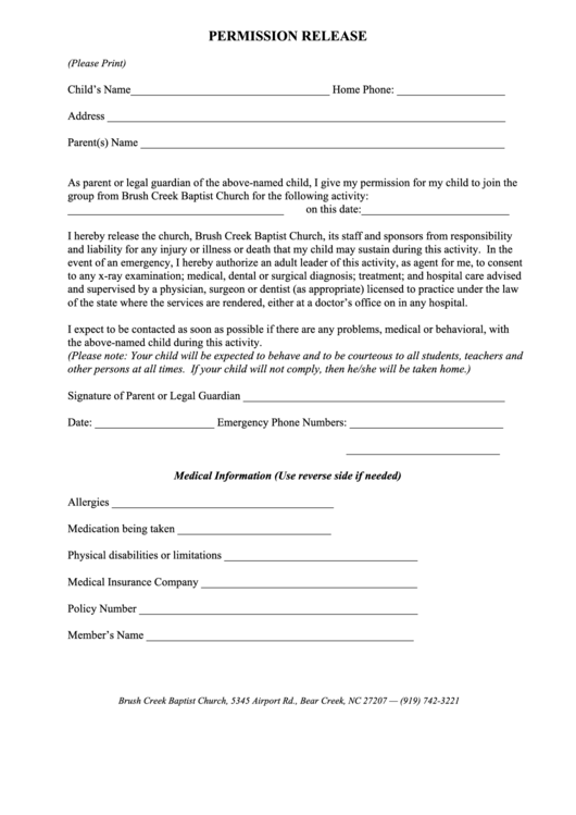 Permission Release Form - Brush Creek Baptist Church - North Carolina ...