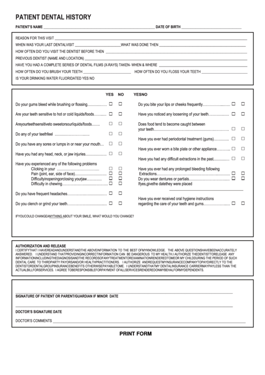 Printable Medical History Form For Dental Office