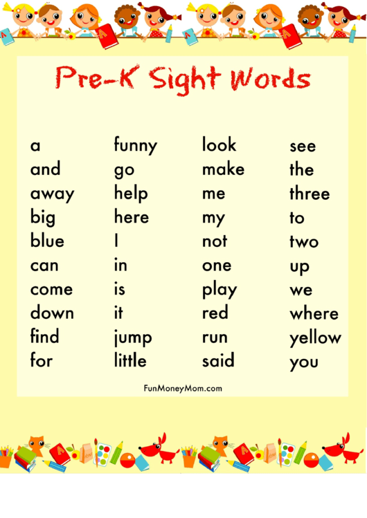 Pre-K Sight Words List printable pdf download