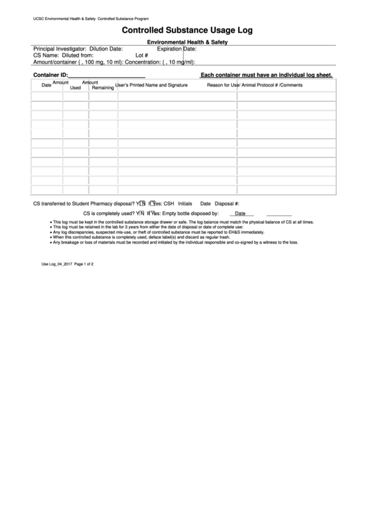 Controlled Substance Usage Log printable pdf download