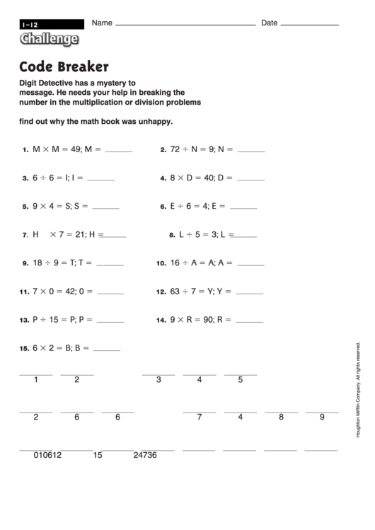 Code Breaker - Math Worksheet With Answers printable pdf download