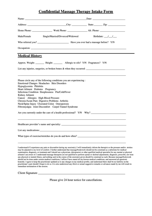 Confidential Massage Therapy Intake Form - Essential Massage printable ...