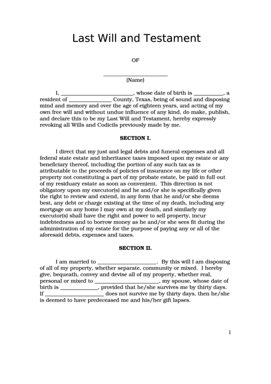 Last Will And Testament Template printable pdf download