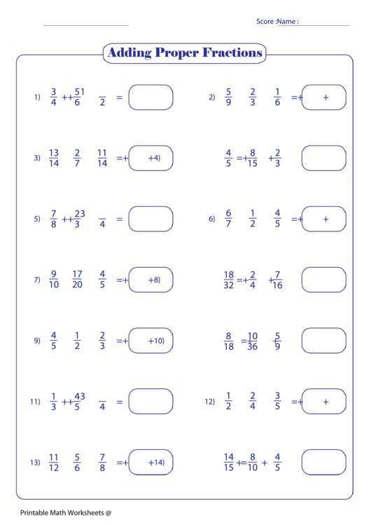 Adding Proper Fractions Worksheet printable pdf download