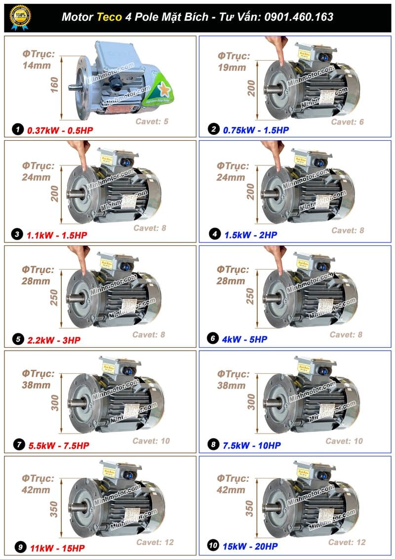 Tổng hợp các kích thước thông dụng của motor Teco mặt bích