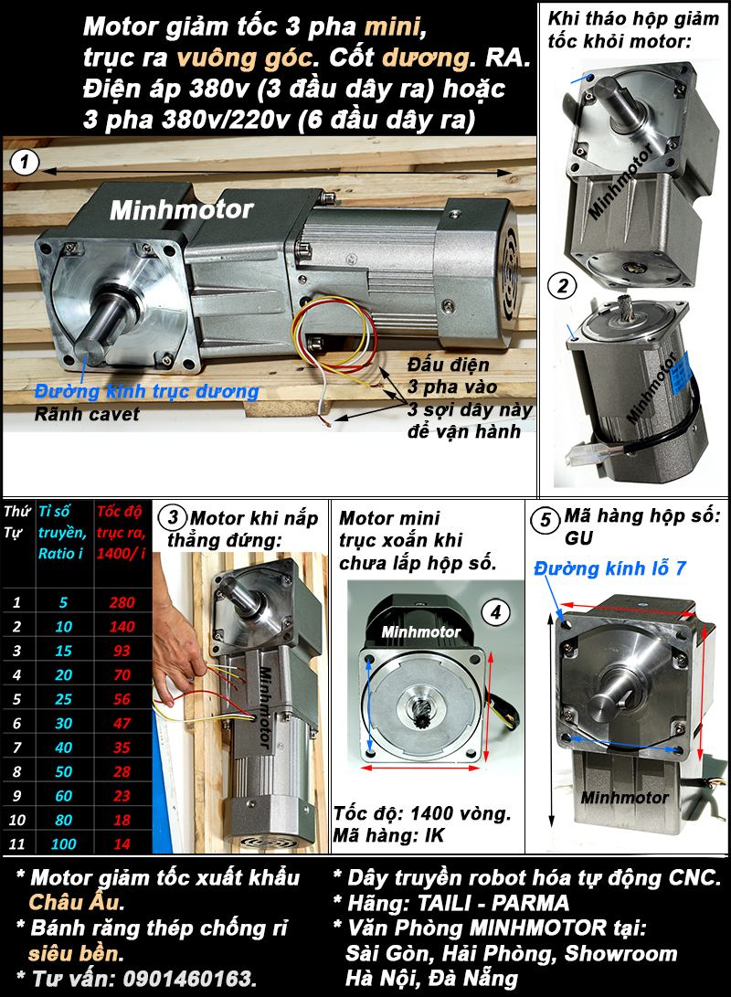 Motor 3 pha mini giảm tốc trục vuông góc