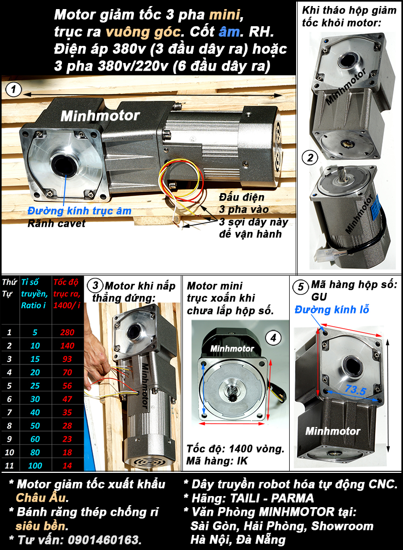 Motor 3 pha mini giảm tốc trục vuông góc trục âm