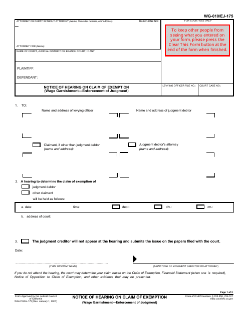 Form WG-010 (EJ-175) Notice of Hearing on Claim of Exemption - California