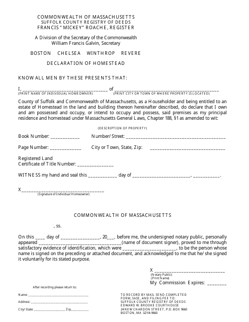 Declaration of Homestead Form - SUFFOLK COUNTY, Massachusetts