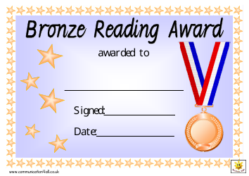 Document preview: Bronze Reading Award Certificate Template