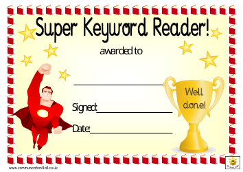 Document preview: Yellow Super Keyword Reader Award Certificate Template for Boys