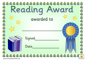 Document preview: Blue Ribbon Reading Award Certificate Template