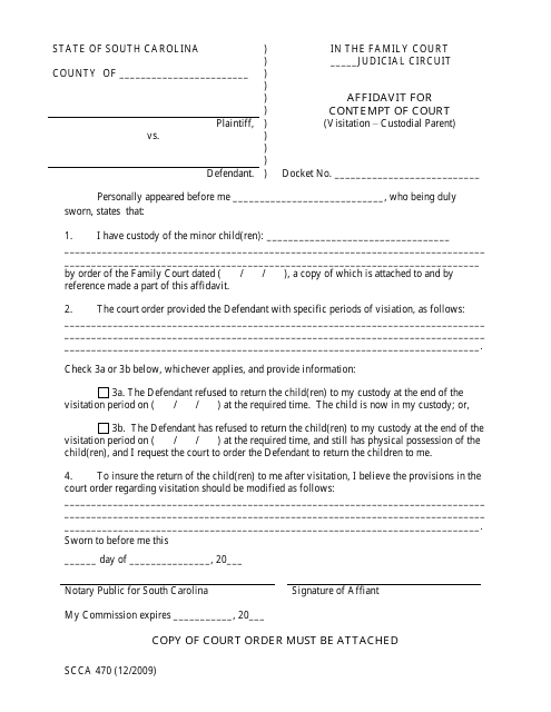 Form SCCA470 Affidavit for Contempt of Court (Visitation - Custodial Parent) - South Carolina