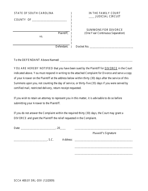 Form SCCA400.01 SRL-DIV Summons for Divorce Separation (One Year Continuous Separation) - South Carolina