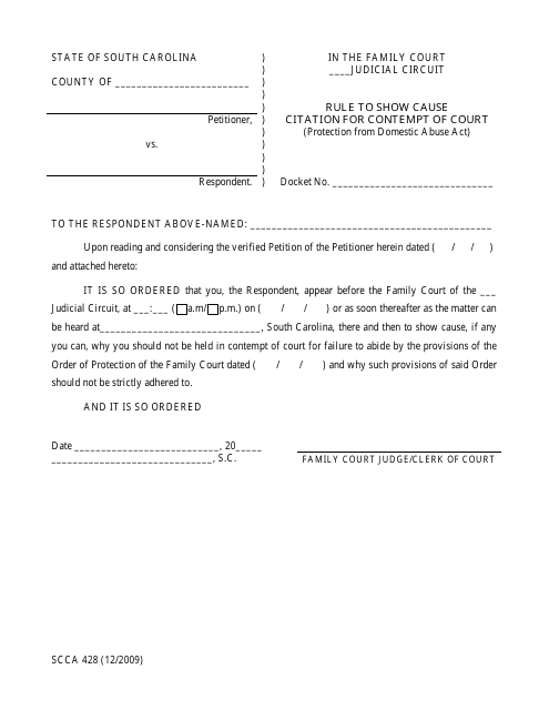 Form SCCA428 Rule to Show Cause Citation for Contempt of Court (Protection From Domestic Abuse Act) - South Carolina