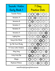 Document preview: Suzuki Violin 7 Day Dots Practice Chart - Early Book 1