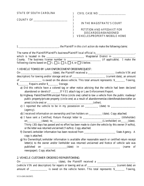 Form SCCA/269 Petition and Affidavit for Discarded or Abandoned Vehicles Property Mobile Home - South Carolina