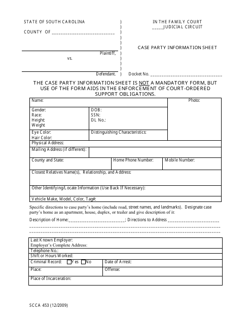 Form SCCA453 Case Party Information Sheet - South Carolina