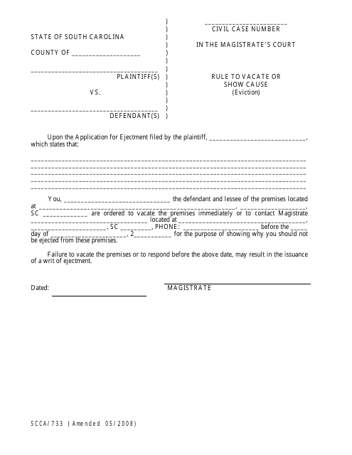 Form SCCA/733 Rule to Vacate or Show Cause (Eviction) - South Carolina