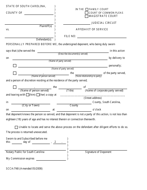 Form SCCA/748 Affidavit of Service - South Carolina