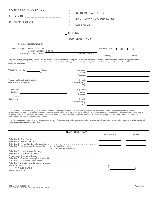 Form 350PC Inventory and Appraisement Form - South Carolina