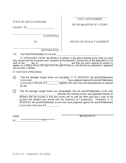 Form SCCA/721 Notice of Default Judgment - South Carolina