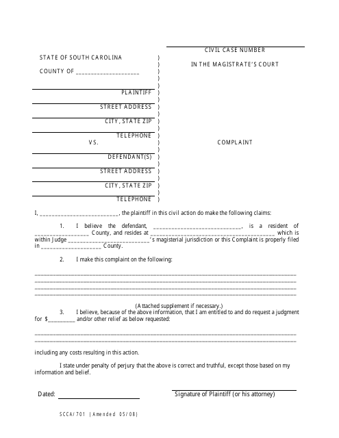 Form SCCA/701 Complaint - South Carolina