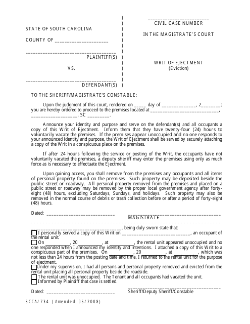 Form SCCA/734 Writ of Ejectment (Eviction) - South Carolina