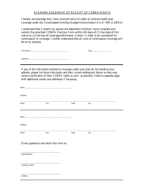 Acknowledgement of Receipt of Cobra Rights Form