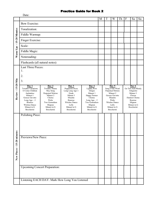 Suzuki Violin Practice Log Template with Guide for Book 2